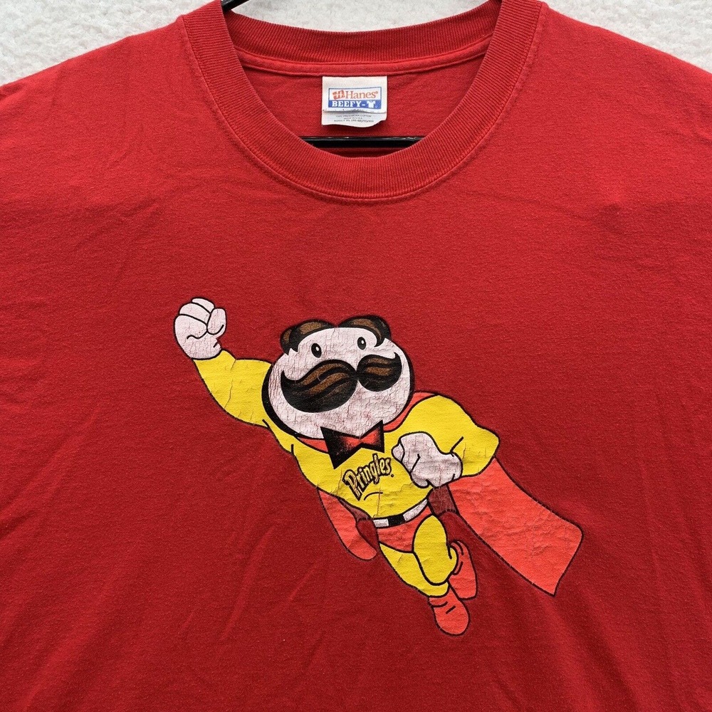 VTG Hanes Beefy T-Shirt Adult XL X-Large Pringles Man Superhero Chips Snacks Red - Picture 4 of 14